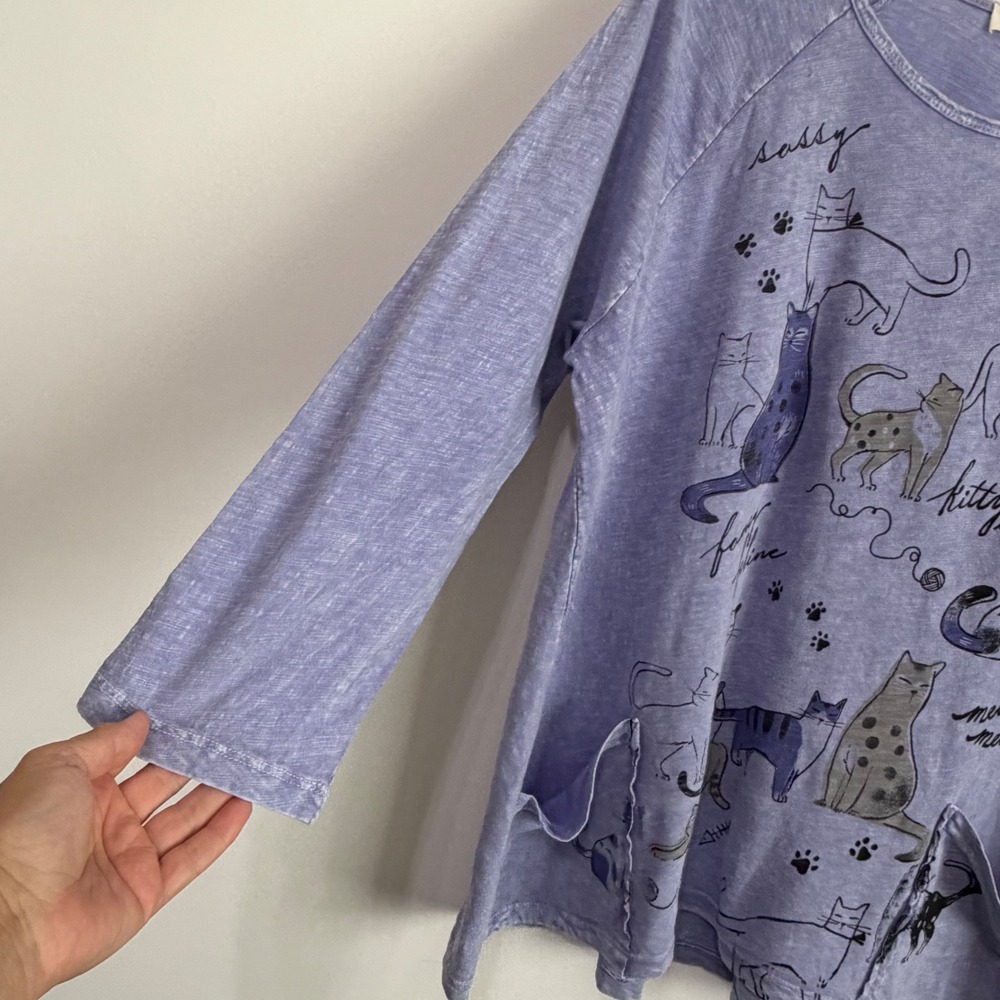 Jess & Jane Whiskers Cat Graphic Tunic Top M Blue Mineral Wash M12-2228 NEW FLAW - Picture 6 of 11